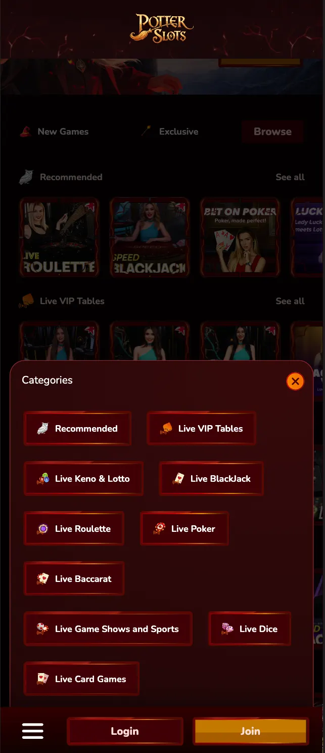 Live game categories