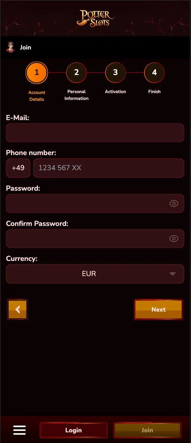 Registration account details step